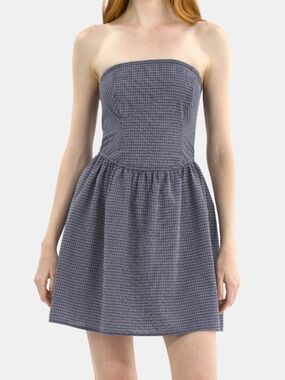 No Boundaries Black Strapless Plaid Seersucker Mini Dress